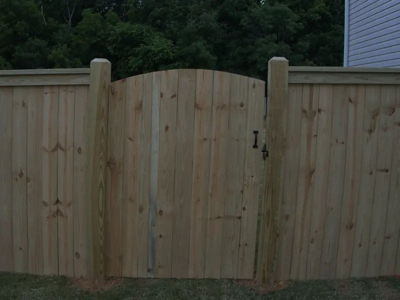 Wood privacy fence with an arched single gate